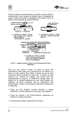 Espírito Santo

_________________________________________________________________________________________________
__

de barro vidrado, cimento-amianto e concreto, a ponta e bolsa é
praticamente o único sistema de ligação usado. As ligações de
ponta e bolsa são também empregadas para alguns tubos de
plásticos termoestáveis de grande diâmetro.




         Fig. 20 - Ligação de ponta e bolsa. [(a e b) Cortesia da Cia. Ferro
                                   Brasileiro.]



Para uso com ponta e bolsa, as varas de tubos são
assimétricas, tendo cada uma, a ponta lisa em um extremo e a
bolsa no outro extremo [Fig. 20(a)]. A ponta lisa de um tubo
encaixa-se dentro da bolsa do outro tubo, no interior da qual
coloca-se um material de vedação que servirá para dar
estanqueidade ao conjunto. O material de vedação deve ser
elástico ou ter perfeita aderência ao tubo; deve também ser
resistente ao fluido conduzido, não se dissolvendo nem
contaminando o mesmo. Os principais materiais de vedação são
os seguintes:

− Tubos        de ferro fundido: chumbo derretido e estopa
       alcatroada, ou anéis retentores de borracha ou de plásticos.

− Tubos       de concreto e de cimento-amianto: argamassa de
       cimento cor anéis de borracha.

− Tubos de barro vidrado: argamassa de cimento.

_________________________________________________________________________________________________
__
                                                                                               CST
62                                                                 Companhia Siderúrgica de Tubarão
 