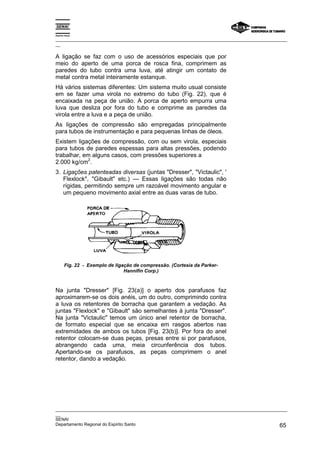 Espírito Santo

_________________________________________________________________________________________________
__

A ligação se faz com o uso de acessórios especiais que por
meio do aperto de uma porca de rosca fina, comprimem as
paredes do tubo contra uma luva, até atingir um contato de
metal contra metal inteiramente estanque.
Há vários sistemas diferentes: Um sistema muito usual consiste
em se fazer uma virola no extremo do tubo (Fig. 22), que é
encaixada na peça de união. A porca de aperto empurra uma
luva que desliza por fora do tubo e comprime as paredes da
virola entre a luva e a peça de união.
As ligações de compressão são empregadas principalmente
para tubos de instrumentação e para pequenas linhas de óleos.
Existem ligações de compressão, com ou sem virola, especiais
para tubos de paredes espessas para altas pressões, podendo
trabalhar, em alguns casos, com pressões superiores a
            2
2.000 kg/cm .
3. Ligações patenteadas diversas (juntas "Dresser", "Victaulic", '
   Flexlock", "Gibault" etc.) — Essas ligações são todas não
   rígidas, permitindo sempre um razoável movimento angular e
   um pequeno movimento axial entre as duas varas de tubo.




        Fig. 22 - Exemplo de ligação de compressão. (Cortesia da Parker-
                                 Hannifin Corp.)



Na junta "Dresser" [Fig. 23(a)] o aperto dos parafusos faz
aproximarem-se os dois anéis, um do outro, comprimindo contra
a luva os retentores de borracha que garantem a vedação. As
juntas "Flexlock" e "Gibault" são semelhantes à junta "Dresser".
Na junta "Victaulic" temos um único anel retentor de borracha,
de formato especial que se encaixa em rasgos abertos nas
extremidades de ambos os tubos [Fig. 23(b)]. Por fora do anel
retentor colocam-se duas peças, presas entre si por parafusos,
abrangendo cada uma, meia circunferência dos tubos.
Apertando-se os parafusos, as peças comprimem o anel
retentor, dando a vedação.




_________________________________________________________________________________________________
__
SENAI
Departamento Regional do Espírito Santo                                                       65
 