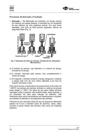 Espírito Santo
_________________________________________________________________________________________________
__
_________________________________________________________________________________________________
__
CST
12 Companhia Siderúrgica de Tubarão
Processos de Extrusão e Fundição
1. Extrusão — Na fabricação por extrusão, um tarugo maciço
do material, em estado pastoso, é colocado em um recipiente
de aço debaixo de uma poderosa prensa. Em uma única
operação, que dura no total poucos segundos, dão-se as
seguintes fases (Fig. 3):
Fig. 3 Fabricação de tubos por extrusão (Cortesia da Cia. Siderúrgica
Mannesmann.)
a) O êmbolo da prensa, cujo diâmetro é o mesmo do tarugo,
encosta-se no tarugo.
b) O mandril, acionado pela prensa, fura completamente o
centro do tarugo.
c) Em seguida, o êmbolo empurra o tarugo obrigando o material
a passar pelo furo de uma matriz calibrada e por fora do
mandril, formando o tubo.
Para tubos de aço a temperatura de aquecimento é da ordem de
1.200°C; as prensas são sempre verticais e o esforço da prensa
pode chegar a 1.500 t. Os tubos de aço saem dessa primeira
operação curtos e grossos; são levados então, ainda quentes, a
um laminador de rolos para redução do diâmetro. Vão
finalmente para outros laminadores que desempenam e ajustam
as medidas do diâmetro e da espessura das paredes.
Fabricam-se por extrusão tubos de aço de pequenos diâmetros
(abaixo de 8 cm) e também tubos de alumínio, cobre, latão,
chumbo e outros metais não ferrosos, bem como de materiais
plásticos.
 