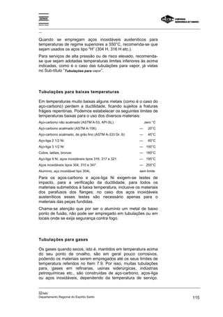 Espírito Santo
_________________________________________________________________________________________________
__
_________________________________________________________________________________________________
__
SENAI
Departamento Regional do Espírito Santo 115
Quando se empregam aços inoxidáveis austeniticos para
temperaturas de regime superiores a 550°C, recomenda-se que
sejam usados os aços tipo "H” (304 H, 316 H etc.).
Para serviços de alta pressão ou de risco elevado, recomenda-
se que sejam adotadas temperaturas limites inferiores às acima
indicadas, como é o caso das tubulações para vapor, já vistas
no Sub-título “Tubulações para vapor”.
Tubulações para baixas temperaturas
Em temperaturas muito baixas alguns metais (como é o caso do
aço-carbono) perdem a ductilidade, ficando sujeitos a fraturas
frágeis repentinas. Podemos estabelecer os seguintes limites de
temperaturas baixas para o uso dos diversos materiais:
Aço-carbono não acalmado (ASTM A-53, API-SL): zero °C
Aço-carbono acalmado (ASTM A-106): — 20°C
Aço-carbono acalmado, de grão fino (ASTM A-333 Gr. 6): — 45°C
Aço-liga 2 1/2 Ni: — 60°C
Aço-liga 3 1/2 Ni: — 100°C
Cobre, latões, bronze: — 180°C
Aço-liga 9 Ni, aços inoxidáveis tipos 316, 317 e 321: — 195°C
Aços inoxidáveis tipos 304, 310 e 347: — 255°C
Alumínio, aço inoxidável tipo 304L sem limite
Para os aços-carbono e aços-liga Ni exigem-se testes de
impacto, para a verificação da ductilidade, para todos os
materiais submetidos à baixa temperatura, inclusive os materiais
dos parafusos dos flanges; no caso dos aços inoxidáveis
austeníticos esses testes são necessário apenas para o
materiais das peças fundidas.
Chama-se atenção que por ser o alumínio um metal de baixo
ponto de fusão, não pode ser empregado em tubulações ou em
locais onde se exija segurança contra fogo.
Tubulações para gases
Os gases quando secos, isto é, mantidos em temperatura acima
do seu ponto de orvalho, são em geral pouco corrosivos,
podendo os materiais serem empregados até os seus limites de
temperatura referidos no Item 7.9. Por isso, muitas tubulações
para, gases em refinarias, usinas siderúrgicas, indústrias
petroquímicas etc., são construídas de aço-carbono, aços-liga
ou aços inoxidáveis, dependendo da temperatura de serviço.
 