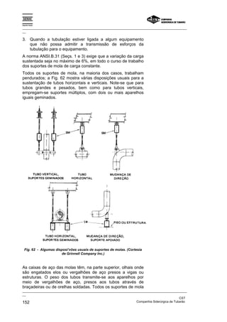 Espírito Santo
_________________________________________________________________________________________________
__
_________________________________________________________________________________________________
__
CST
152 Companhia Siderúrgica de Tubarão
3. Quando a tubulação estiver ligada a algum equipamento
que não possa admitir a transmissão de esforços da
tubulação para o equipamento.
A norma ANSI.B.31 (Seçs. 1 e 3) exige que a variação da carga
sustentada seja no máximo de 6%, em todo o curso de trabalho
dos suportes de mola de carga constante.
Todos os suportes de mola, na maioria dos casos, trabalham
pendurados; a Fig. 62 mostra várias disposições usuais para a
sustentação de tubos horizontais e verticais. Note-se que para
tubos grandes e pesados, bem como para tubos verticais,
empregam-se suportes múltiplos, com dois ou mais aparelhos
iguais geminados.
Fig. 62 - Algumas disposi’vões usuais de suportes de molas. (Cortesia
de Grinnell Company Inc.)
As caixas de aço das molas têm, na parte superior, olhais onde
são engatados elos ou vergalhões de aço presos a vigas ou
estruturas. O peso dos tubos transmite-se aos aparelhos por
meio de vergalhões de aço, presos aos tubos através de
braçadeiras ou de orelhas soldadas. Todos os suportes de mola
 