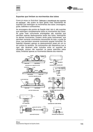 Espírito Santo
_________________________________________________________________________________________________
__
_________________________________________________________________________________________________
__
SENAI
Departamento Regional do Espírito Santo 155
Suportes que limitam os movimentos dos tubos
Como já vimos no Sub-título “Definição e classificação dos suportes
de tubulação”, são quatro os tipos gerais mais importantes de
suportes que restringem os movimentos dos tubos: ancoragens,
guias, batentes e contraventos.
As ancoragens são pontos de fixação total, isto é, são suportes
que restringem completamente todos os movimentos dos tubos.
As guias mais comumente empregadas são suportes que
permitem apenas deslocamentos axiais dos tubos, restringindo
os demais movimentos. Existem ainda guias transversais, que
permitem somente movimentos transversais do tubo, e guias de
pinos, que permitem somente movimento angular horizontal. Os
batentes impedem apenas os deslocamentos axiais em um ou
em ambos os sentidos. Os contraventos são dispositivos que a
rigor não deveriam estar incluídos entre os suportes de
tubulação, porque não suportam os pesos exercidos pelos
tubos, limitando apenas os movimentos laterais dos mesmos.
 