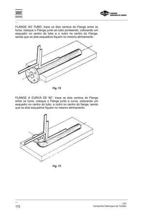 Espírito Santo
_________________________________________________________________________________________________
__
_________________________________________________________________________________________________
__
CST
172 Companhia Siderúrgica de Tubarão
FLANGE AO TUBO: trace os dois centros do Flange entre os
furos; coloque o Flange junto ao tubo ponteando, colocando um
esquadro no centro do tubo e o outro no centro do Flange,
sendo que os dois esquadros fiquem no mesmo alinhamento.
Fig. 72
FLANGE A CURVA DE 90°: trace os dois centros do Flange
entre os furos, coloque o Flange junto a curva, colocando um
esquadro no centro do tubo, e outro no centro do fiange, sendo
que os dois esquadros fiquem no mesmo alinhamento.
Fig. 73
 