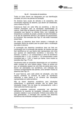 Espírito Santo
_________________________________________________________________________________________________
__
_________________________________________________________________________________________________
__
SENAI
Departamento Regional do Espírito Santo 189
Fig. 83 - Convenções de isométricos.
Todos os tubos devem ser designados por sua identificação
completa, tal como nas plantas de tubulação.
Os diversos tipos usuais de válvulas e de acessórios, têm
convenções especiais de desenho, que devem ser obedecidas,
como mostra a Fig. 83.
Costuma-se fazer em cada folha de isométrico, a lista do
material necessário para as tubulações representadas na
mesma. Cada folha de desenho deve ter também a relação das
tubulações que figuram na referida folha, com indicação da
temperatura e pressão de projeto, pressão de teste hidrostático,
e do tipo de isolamento térmico e de sistema de aquecimento,
se houverem. Nos exemplos das Figs. 81 não estão mostradas
essas listas.
Em todos os desenhos deve haver sempre a indicação da
orientação (Norte de projeto) para se poder obter a localização
dos tubos no terreno.
A numeração dos desenhos isométricos deve ser feita em
combinação com a numeração das plantas, de maneira que seja
fácil identificar-se em que planta está representada uma linha
que aparece em determinado isométrico e vice-versa. Por
exemplo, à planta n.° 31 corresponderá a série de isométricos
começada pelo n.° 3.101; à planta n.° 32 corresponderá a série
começada pelo n.° 3.201, e assim por diante, como mostra os
exemplos das Figs. 77 e 81.
Geralmente todas as tubulações desenhadas em um isométrico
estão contidas em uma mesma planta. Todos os pontos em
que, as tubulações passam de uma folha de planta para outra,
devem ser assinalados nos isométricos, com indicação dos
números correspondentes das plantas, como também mostra os
desenhos das Figs. 81.
É usual fazer-se, para cada planta de tubulação, uma lista
resumo contendo os números de todos os isométricos
referentes a essa planta e os números das tubulações
representadas em cada isométrico.
Não se fazem desenhos isométricos para tubulações
subterrâneas, e geralmente também não se fazem para
tubulações longas, fora de áreas de processamento, onde a
maior parte dos trechos seja reta.
Alguns projetistas costumam acrescentar nos desenhos
isométricos os suportes de tubulação, indicados pelas suas
posições cotadas e suas convenções. Embora essa prática não
seja generalizada, a marcação dos suportes nos desenhos
isométricos traz evidentes vantagens para a montagem.
 