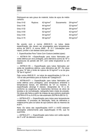 Espírito Santo
_________________________________________________________________________________________________
__
_________________________________________________________________________________________________
__
SENAI
Departamento Regional do Espírito Santo 21
Distinguem-se seis graus de material, todos de aços de médio
carbono:
Grau X 42 Ruptura: 42 kg/mm
2
Escoamento: 29 kg/mm
2
Grau X 46 44 kg/mm
2
32 kg/mm
2
Grau X 52 46 kg/mm
2
36 kg/mm
2
Grau X 60 52 kg/mm
2
42 kg/mm
2
Grau X 65 54 kg/mm
2
45 kg/mm
2
Grau X 70 58 kg/mm
2
49 kg/mm
2
De acordo com a norma ANSI.B.31, os tubos desta
especificação não devem ser empregados para temperaturas
acima de 200°C. A norma ANSI . B .31.1 (tubulações para
vapor), proíbe o uso desses tubos para vapor.
1. Especificacões Para Tubos Com Costura (welded pipes):
— ASTM-A-134 —Especificação para tubos fabricados por
solda elétrica por arco protegido, para diâmetros acima de 16" e
espessuras de parede até 3/4", com solda longitudinal ou em
espiral.
— ASTM-A-135 — Especificação para tubos fabricados por
solda de resistência elétrica, para diâmetros até 30". Os tubos
de grau "A" têm o limite de ruptura de 33 kg/mm
2
e os de grau
"B" de 41 kg/mm
2
.
Pela norma ANSI.B.31, os tubos de especificações A-134 e A-
135 só são permitidos para os fluidos de "Categoria D".
— ASTM-A-671 — Especificação para tubos fabricados por
solda elétrica (arco protegido), para temperatura ambiente e
temperaturas baixas, em diâmetros de 12" ou maiores. A
especificação abrange 9 classes, designadas de 10 a 32,
conforme as exigências de tratamentos térmicos de alívio de
tensões e de normalização, radiografia total e teste de pressão.
Os tubos são feitos a partir de chapas de aço-carbono acalmado
(ASTM-A-515 ou A-516) ou não-acalmado (ASTM-A-285 Gr C).
— ASTM-A-672 — Especificação para tubos para temperaturas
moderadas. O processo de fabricação, faixa de diâmetros e
matéria-prima para os tubos de aço-carbono são os mesmos da
A-671.
Nota: Os tubos das especificações A-671 e A-672 estavam
abrangidos anteriormente pela especificação A-155, que foi
suprimida.
— ASTM-A-211 — Especificação para tubos com solda espiral,
de 4" a 48" de diâmetro nominal.
 