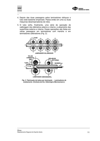 Espírito Santo
_________________________________________________________________________________________________
__
_________________________________________________________________________________________________
__
SENAI
Departamento Regional do Espírito Santo 11
4. Depois das duas passagens pelos laminadores oblíquos o
tubo está bastante empenado. Passa então em uma ou duas
máquinas desempenadoras de rolos.
5. O tubo sofre, finalmente, uma série de operação de
calibragem dos diâmetros externo e interno, e alisamento das
superfícies externa e interna. Essas operações são feitas em
várias passagens em laminadores com mandris e em
laminadores calibradores (Fig. 2).
Fig. 2 Fabricação de tubos por laminação - Laminadores de
acabamento. (Cortesia da Cia. Siderúrgica Mannesmann.)
 
