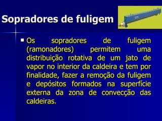 Sopradores de fuligem Os sopradores de fuligem (ramonadores) permitem uma distribuição rotativa de um jato de vapor no interior da caldeira e tem por finalidade, fazer a remoção da fuligem e depósitos formados na superfície externa da zona de convecção das caldeiras. 
