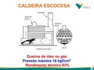 44
CALDEIRA ESCOCESA
Queima de óleo ou gás
Pressão máxima 18 kgf/cm2
Rendimento térmico 83%
 