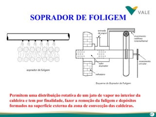 97
SOPRADOR DE FOLIGEM
Permitem uma distribuição rotativa de um jato de vapor no interior da
caldeira e tem por finalidade, fazer a remoção da fuligem e depósitos
formados na superfície externa da zona de convecção das caldeiras.
 