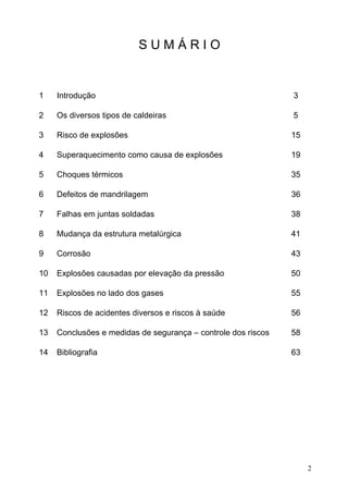 SUMÁRIO


1    Introdução                                                3

2    Os diversos tipos de caldeiras                            5

3    Risco de explosões                                        15

4    Superaquecimento como causa de explosões                  19

5    Choques térmicos                                          35

6    Defeitos de mandrilagem                                   36

7    Falhas em juntas soldadas                                 38

8    Mudança da estrutura metalúrgica                          41

9    Corrosão                                                  43

10   Explosões causadas por elevação da pressão                50

11   Explosões no lado dos gases                               55

12   Riscos de acidentes diversos e riscos à saúde             56

13   Conclusões e medidas de segurança – controle dos riscos   58

14   Bibliografia                                              63




                                                                    2
 