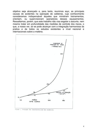 objetivo seja alcançado e, para tanto, reunimos aqui, as principais
causas de acidentes na operação de caldeiras, cujo conhecimento
consideramos indispensável àqueles que ministram treinamentos,
orientam, ou supervisionam operadores desses equipamentos.
Ressaltamos, porém, que este trabalho não visa esgotar o assunto, nem
mesmo tratar em profundidade das medidas de controle dos riscos, o
que, a nosso ver, só se pode alcançar com a integração harmoniosa da
pratica e de todos os estudos existentes a nível nacional e
internacionais sobre a matéria.




                                                                    4
 