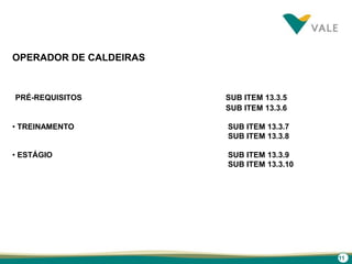 11
OPERADOR DE CALDEIRAS
PRÉ-REQUISITOS SUB ITEM 13.3.5
SUB ITEM 13.3.6
• TREINAMENTO SUB ITEM 13.3.7
SUB ITEM 13.3.8
• ESTÁGIO SUB ITEM 13.3.9
SUB ITEM 13.3.10
 