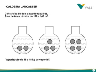 41
CALDEIRA LANCASTER
Construída de dois a quatro tubulões.
Área de troca térmica de 120 a 140 m2.
Vaporização de 15 a 18 kg de vapor/m2.
 