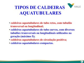 59
TIPOS DE CALDEIRAS
AQUATUBULARES
• caldeiras aquatubulares de tubo retos, com tubulão
transversal ou longitudinal;
• caldeiras aquatubulares de tubo curvos, com diversos
tubulões transversais ou longitudinais utilizados na
geração (máximo 5);
• caldeiras aquatubulares de circulação positiva;
• caldeiras aquatubulares compactas.
 
