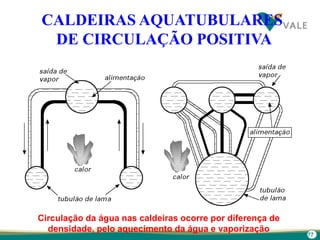 77
CALDEIRAS AQUATUBULARES
DE CIRCULAÇÃO POSITIVA
Circulação da água nas caldeiras ocorre por diferença de
densidade, pelo aquecimento da água e vaporização
 