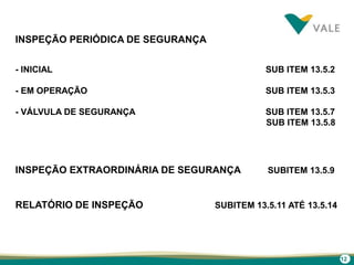 12
INSPEÇÃO EXTRAORDINÁRIA DE SEGURANÇA SUBITEM 13.5.9
RELATÓRIO DE INSPEÇÃO SUBITEM 13.5.11 ATÉ 13.5.14
INSPEÇÃO PERIÓDICA DE SEGURANÇA
- INICIAL SUB ITEM 13.5.2
- EM OPERAÇÃO SUB ITEM 13.5.3
- VÁLVULA DE SEGURANÇA SUB ITEM 13.5.7
SUB ITEM 13.5.8
 
