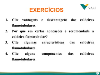57
EXERCÍCIOS
1. Cite vantagens e desvantagens das caldeiras
flamotubulares.
2. Por que em certas aplicações é recomendada a
caldeira flamotubular?
3. Cite algumas características das caldeiras
flamotubulares.
4. Cite alguns componentes das caldeiras
flamotubulares.
 