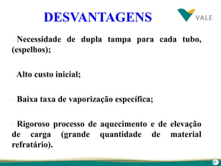 67
DESVANTAGENS
- Necessidade de dupla tampa para cada tubo,
(espelhos);
- Alto custo inicial;
- Baixa taxa de vaporização específica;
- Rigoroso processo de aquecimento e de elevação
de carga (grande quantidade de material
refratário).
 