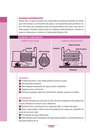 1
S
E
NAI – P E T ROBR
A
S
118
..........
..........
Neste tipo, os gases quentes da combustão circulam no interior de tubos
que atravessam o reservatório de água a ser aquecida para produzir va-
por. Os tubos são montados como nos permutadores de calor, com um ou
mais passes. Existem vários tipos de caldeiras flamotubulares, dentre os
quais se destacam a vertical e a horizontal (Figura 29).
FIGURA 29 CALDEIRA FLAMOTUBULAR
Vantagens
Construção fácil, com relativamente poucos custos
São bastante robustas
Não exigem tratamento de água muito cuidadoso
Exigem pouca alvenaria
Utilizam qualquer tipo de combustível, líquido, gasoso ou sólido
Desvantagens
Pressão limitada em torno de 15 atm, devido à espessura da chapa dos
corpos cilíndricos crescer com o diâmetro
Partida lenta, em função de se aquecer todo o volume de água
Baixa capacidade e baixa taxa de produção de vapor por unidade de
área de troca de calor
Circulação de água deficiente
Dificuldades para instalação de superaquecedores, economizadores e
preaquecedores de ar
CHAMINÉ
LAMA
NÍVEL DE ÁGUA
CHAMINÉ
SAÍDA DE VAPOR
NÍVEL DE ÁGUA
FORNALHA
CALDEIRAS FLAMOTUBULARES
Caldeira Escocesa Caldeira Multitubular
 