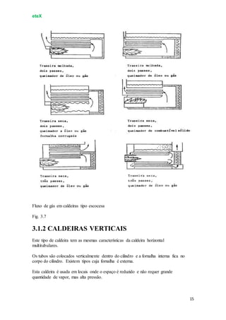 eteX
15
Fluxo de gás em caldeiras tipo escocesa
Fig. 3.7
3.1.2 CALDEIRAS VERTICAIS
Este tipo de caldeira tem as mesmas características da caldeira horizontal
multitubulares.
Os tubos são colocados verticalmente dentro do cilindro e a fornalha interna fica no
corpo do cilindro. Existem tipos cuja fornalha é externa.
Esta caldeira é usada em locais onde o espaço é reduzido e não requer grande
quantidade de vapor, mas alta pressão.
 