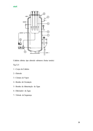 eteX
28
Caldeira elétrica tipo eletrodo submerso (baixa tensão)
Fig.3.21
1 - Corpo da Caldeira
2 - Eletrodo
3 - Câmara de Vapor
4 - Bomba de Circulação
5 - Bomba de Alimentação de Água
6 - Eliminador de Água
7 - Válvula de Segurança
 