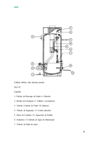 eteX
29
Caldeira Elétrica tipo eletrodo jateado
Fig.3.22
Legenda:
1- Válvula de Descarga de Fundo 8 - Eletrodo
2 - Bomba de Circulação 9 - Cilindro com Injetores
3 - Válvula Controle de Vazão 10- Injetores
4 - Válvula de Segurança 11- Contra eletrodos
5 - Haste do Condutor 12- Aquecedor de Partida
6 - Isoladores 13- Entrada de Água de Alimentação
7 - Válvula de Saída de vapor
 