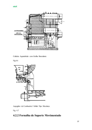 eteX
37
Caldeira Aquatubular com Grelha Basculante
Fig.4.6
Aspegidor de Combustível Sólido Tipo Mecânico
Fig. 4.7
4.2.2 Fornalha de Suporte Movimentado
 