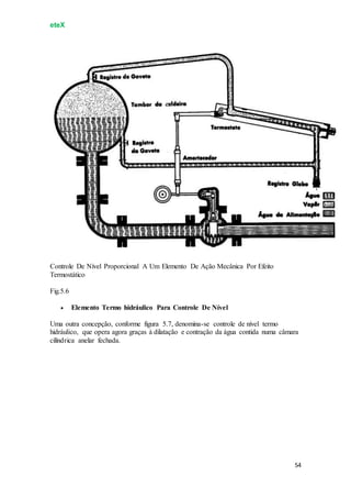 eteX
54
Controle De Nível Proporcional A Um Elemento De Ação Mecânica Por Efeito
Termostático
Fig.5.6
 Elemento Termo hidráulico Para Controle De Nível
Uma outra concepção, conforme figura 5.7, denomina-se controle de nível termo
hidráulico, que opera agora graças à dilatação e contração da água contida numa câmara
cilíndrica anelar fechada.
 