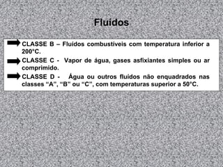 Fluídos
CLASSE B – Fluídos combustíveis com temperatura inferior a
200°C.
CLASSE C - Vapor de água, gases asfixiantes simples ou ar
comprimido.
CLASSE D - Água ou outros fluídos não enquadrados nas
classes “A”, “B” ou “C”, com temperaturas superior a 50°C.
 