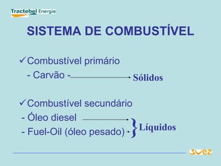 SISTEMA DE COMBUSTÍVEL
Combustível primário
- Carvão -
Combustível secundário
- Óleo diesel
- Fuel-Oil (óleo pesado) }Líquidos
Sólidos
 