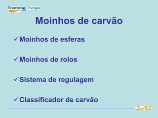 Moinhos de carvão
Moinhos de esferas
Moinhos de rolos
Sistema de regulagem
Classificador de carvão
 