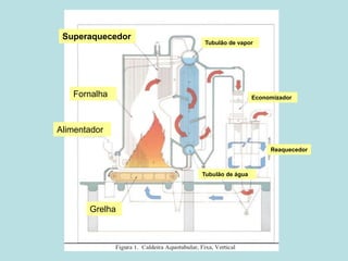 Superaquecedor
Fornalha
Alimentador
Grelha
Reaquecedor
Economizador
Tubulão de vapor
Tubulão de água
 