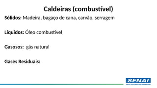 Caldeiras (combustível)
Sólidos: Madeira, bagaço de cana, carvão, serragem
Líquidos: Óleo combustível
Gasosos: gás natural
Gases Residuais:
 