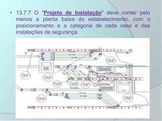 • 13.7.7 O "Projeto de Instalação" deve conter pelo
menos a planta baixa do estabelecimento, com o
posicionamento e a categoria de cada vaso e das
instalações de segurança.
 