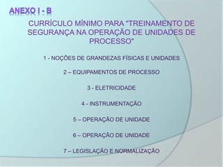 CURRÍCULO MÍNIMO PARA "TREINAMENTO DE
SEGURANÇA NA OPERAÇÃO DE UNIDADES DE
PROCESSO"
1 - NOÇÕES DE GRANDEZAS FÍSICAS E UNIDADES
2 – EQUIPAMENTOS DE PROCESSO
3 - ELETRICIDADE
4 - INSTRUMENTAÇÃO
5 – OPERAÇÃO DE UNIDADE
7 – LEGISLAÇÃO E NORMALIZAÇÃO
6 – OPERAÇÃO DE UNIDADE
 