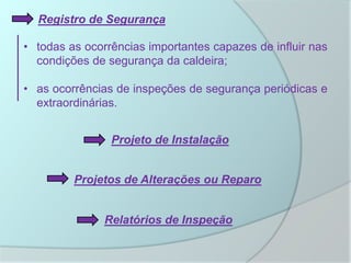 Registro de Segurança
• todas as ocorrências importantes capazes de influir nas
condições de segurança da caldeira;
• as ocorrências de inspeções de segurança periódicas e
extraordinárias.
Projeto de Instalação
Projetos de Alterações ou Reparo
Relatórios de Inspeção
 