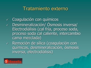 Eduardo Diana
Tratamiento externo
 Coagulación con químicos
 Desmineralización/ Ósmosis inversa/
Electrodiálisis (cal fría, proceso soda,
proceso soda cal caliente, intercambio
cama mezclada)
 Remoción de sílica (coagulación con
químicos, desmineralización, ósmosis
inversa, electrodiálisis)
 