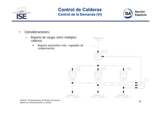 Control de Calderas
                                          Control de la Demanda (VI)




•    Consideraciones:
      –     Reparto de cargas entre múltiples
            calderas.
                  Reparto automático más regulador de
                   compensación.




Control / Enclavamientos de hornos de proceso
                                                                       53
Master de Instrumentación y Control
 