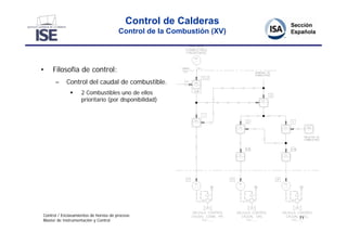 Control de Calderas
                                       Control de la Combustión (XV)




•    Filosofía de control:
      –     Control del caudal de combustible.
                  2 Combustibles uno de ellos
                   prioritario (por disponibilidad)




Control / Enclavamientos de hornos de proceso
                                                                       71
Master de Instrumentación y Control
 