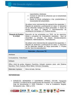 REFERENCIAS
 GONZÁLEZ, BERNARDO Y GUERRERO APRÁEZ. VÍCTOR. “Apagando
incendios. La historia de las constituciones de Colombia”. En: Constitución 1991:
Caja de herramientas 2. SOS. Colombia — Viva la Ciudadanía. Bogotá,
Servigraphic Ltda., 1992. p. 9-19.
capacidades y destrezas.
 Conocer el valor de los esfuerzos que el estudiantado
pone en juego.
 Ajustar la ayuda pedagógica a las características y
necesidades del estudiantado.
Se utilizan como instrumentos de evaluación los siguientes: 1.
Registro de asistencia y participación en clase. 2. Ubicación
de los diferentes trabajos en blogs personales. 3. Guías de
trabajo en clase. 4. Talleres. 5. Informesescritos de
socialización de trabajos y 6. Pruebas escritas.
Después de finalizar
la unidad
Ejecución de las actividades con TICS, de los ejercicios,
tareas y proyectos de investigación asignados. Aquí se
desarrollan y articulan las etapas deautoevaluación,
evaluación, heteroevaluación, interevaluación.
Se utilizan como instrumentos de evaluación los siguientes: 1.
Registro de asistencia y participación en clase. 2. Ubicación
de los diferentes trabajos en blogs personales. 3. Prueba
escrita. Guía de autoevaluación.
Materiales y Recursos TIC
Hardware
Computadores, Video Beam
Software
Office, árbol de perlas, blogspot, Examtime, Actiweb, powtoon, prezi, voki, Sistema
Operativo, Paint, Audacity, Movie Maker, Edmodo, Educaplay.
Materiales impresos libros de texto, láminas
 