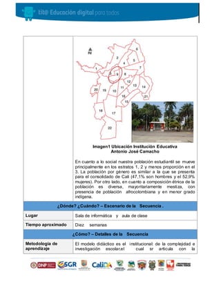 Imagen1 Ubicación Institución Educativa
Antonio José Camacho
En cuanto a lo social nuestra población estudiantil se mueve
principalmente en los estratos 1, 2 y menos proporción en el
3. La población por género es similar a la que se presenta
para el consolidado de Cali (47,1% son hombres y el 52,9%
mujeres). Por otro lado, en cuanto a composición étnica de la
población es diversa, mayoritariamente mestiza, con
presencia de población afrocolombiana y en menor grado
indígena.
¿Dónde? ¿Cuándo? – Escenario de la Secuencia .
Lugar Sala de informática y aula de clase
Tiempo aproximado Diez semanas
¿Cómo? – Detalles de la Secuencia
Metodología de
aprendizaje
El modelo didáctico es el institucional: de la complejidad e
investigación escolar,el cual sr articula con la
 