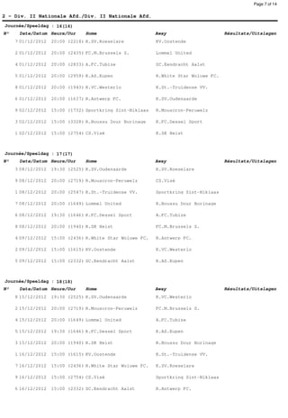 Page 7 of 14


2 - Div. II Nationale Afd./Div. II Nationale Afd.
Journée/Speeldag : 16(16)
N°    Date/Datum Heure/Uur      Home                       Away                      Résultats/Uitslagen
     7 01/12/2012   20:00 (2218) K.SV.Roeselare            KV.Oostende

     2 01/12/2012   20:00 (2435) FC.M.Brussels S.          Lommel United

     4 01/12/2012   20:00 (2833) A.FC.Tubize               SC.Eendracht Aalst

     5 01/12/2012   20:00 (2959) K.AS.Eupen                R.White Star Woluwe FC.

     8 01/12/2012   20:00 (1943) K.VC.Westerlo             K.St.-Truidense VV.

     6 01/12/2012   20:00 (1637) R.Antwerp FC.             K.SV.Oudenaarde

     9 02/12/2012   15:00 (1732) Sportkring Sint-Niklaas   R.Mouscron-Peruwelz

     3 02/12/2012   15:00 (3328) R.Boussu Dour Borinage    K.FC.Dessel Sport

     1 02/12/2012   15:00 (2754) CS.Visé                   K.SK Heist



Journée/Speeldag : 17(17)
N°    Date/Datum Heure/Uur      Home                       Away                      Résultats/Uitslagen
     3 08/12/2012   19:30 (2525) K.SV.Oudenaarde           K.SV.Roeselare

     9 08/12/2012   20:00 (2719) R.Mouscron-Peruwelz       CS.Visé

     1 08/12/2012   20:00 (2547) K.St.-Truidense VV.       Sportkring Sint-Niklaas

     7 08/12/2012   20:00 (1649) Lommel United             R.Boussu Dour Borinage

     6 08/12/2012   19:30 (1646) K.FC.Dessel Sport         A.FC.Tubize

     8 08/12/2012   20:00 (1940) K.SK Heist                FC.M.Brussels S.

     4 09/12/2012   15:00 (2436) R.White Star Woluwe FC.   R.Antwerp FC.

     2 09/12/2012   15:00 (1615) KV.Oostende               K.VC.Westerlo

     5 09/12/2012   15:00 (2332) SC.Eendracht Aalst        K.AS.Eupen



Journée/Speeldag : 18(18)
N°    Date/Datum Heure/Uur      Home                       Away                      Résultats/Uitslagen
     8 15/12/2012   19:30 (2525) K.SV.Oudenaarde           K.VC.Westerlo

     2 15/12/2012   20:00 (2719) R.Mouscron-Peruwelz       FC.M.Brussels S.

     4 15/12/2012   20:00 (1649) Lommel United             A.FC.Tubize

     5 15/12/2012   19:30 (1646) K.FC.Dessel Sport         K.AS.Eupen

     3 15/12/2012   20:00 (1940) K.SK Heist                R.Boussu Dour Borinage

     1 16/12/2012   15:00 (1615) KV.Oostende               K.St.-Truidense VV.

     7 16/12/2012   15:00 (2436) R.White Star Woluwe FC.   K.SV.Roeselare

     9 16/12/2012   15:00 (2754) CS.Visé                   Sportkring Sint-Niklaas

     6 16/12/2012   15:00 (2332) SC.Eendracht Aalst        R.Antwerp FC.
 