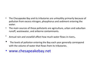 The Chesapeake Bay and its tributaries are unhealthy primarily because of pollution from excess nitrogen, phosphorus and sediment entering the water.  The main sources of these pollutants are agriculture, urban and suburban runoff, wastewater, and airborne contaminants.  Annual rain and snowfall affect how much water flows in rivers . The levels of pollution entering the Bay each year generally correspond with the volume of water that flows from its tributaries.  www.chesapeakebay.net 