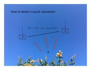 ds2
= dt2
+ ( ij + ✏ hij)dxi
dxj
How	to	detect:	a	quick	calculaBon	
h	
 