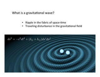What	is	a	gravitaBonal	wave?	
•  Ripple	in	the	fabric	of	space-Bme	
•  Traveling	disturbance	in	the	gravitaBonal	ﬁeld	
ds2
= c2
dt2
+ ( ij + hij)dxi
dxj
 