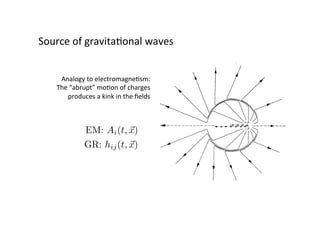 Source	of	gravitaBonal	waves	
Analogy	to	electromagneBsm:	
The	“abrupt”	moBon	of	charges	
produces	a	kink	in	the	ﬁelds	
EM: Ai(t, ~x)
GR: hij(t, ~x)
 