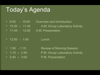 Today’s Agenda 9:00  –  10:00 Overview and Introduction 10:30  --  11:45  A.M. Group Laboratory Activity 11:45  -  12:00 A.M. Presentation 12:00  -  1:00  Lunch 1:00  - 1:15 Review of Morning Session 1:15  --  2:45 P.M. Group Laboratory Activity 2:45  --  3:00 P.M. Presentation 