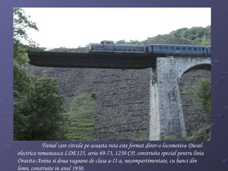 Trenul care circula pe aceasta ruta este format dintr-o locomotiva Diesel-electrica romaneasca LDE125, seria 69-73, 1250 CP, construita special pentru linia Oravita-Anina si doua vagoane de clasa a-II-a, necompartimentate, cu banci din lemn, construite in anul 1930.   