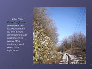 Calea ferata  Oravita-Anina  este unicat in tara noastra pr e cum si in sud-estul Europei, este monument istoric incadrat in grupa valorica "A" si constiutie pe drept cuvant o arta inginereasca. 