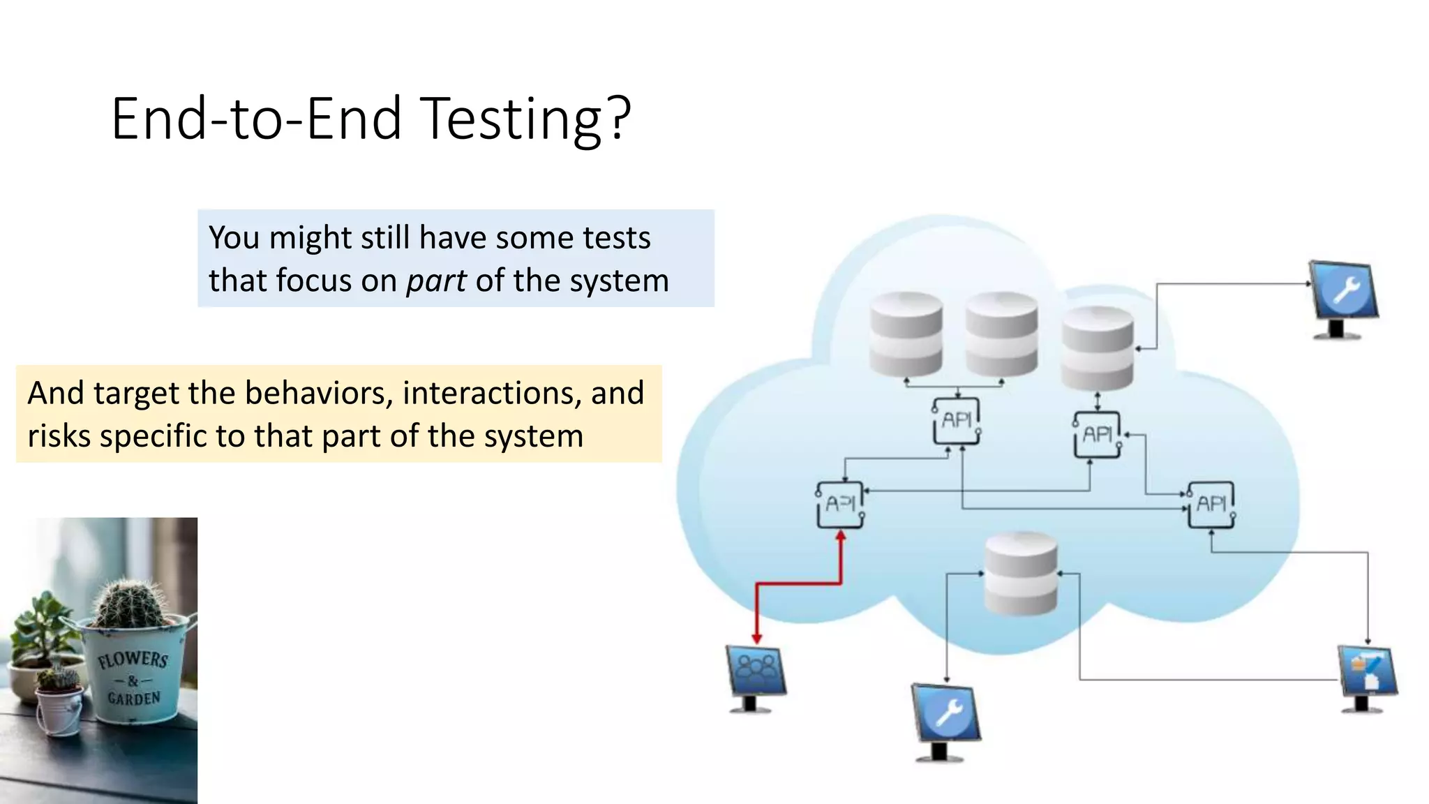 End-to-End Testing?
You might still have some tests
that focus on part of the system
And target the behaviors, interactions, and
risks specific to that part of the system
 
